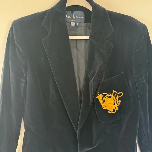 RALPH LAUREN Navy Blue Velvet Fox & Horn Crest  Blazer Jacket Long Line 8 - Picture 2 of 9